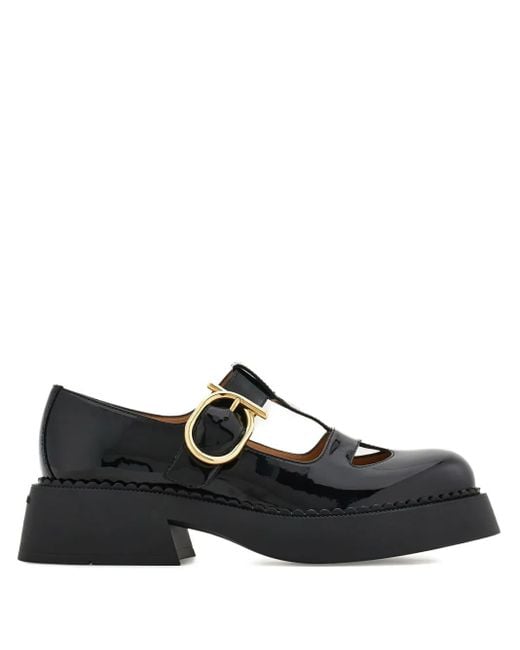 Ferragamo Black T-Strap Buckle Pumps