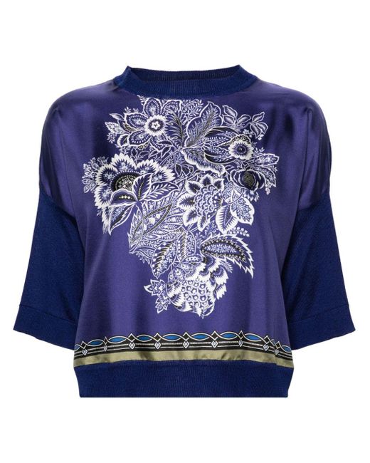 Etro Blue Floral-print Knitted-panels T-shirt