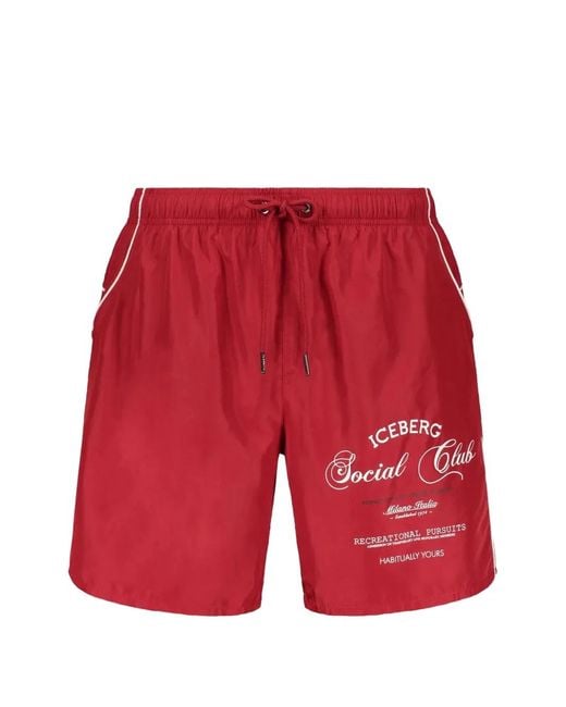 Iceberg Red Logo-Print Piped Swim Shorts for men