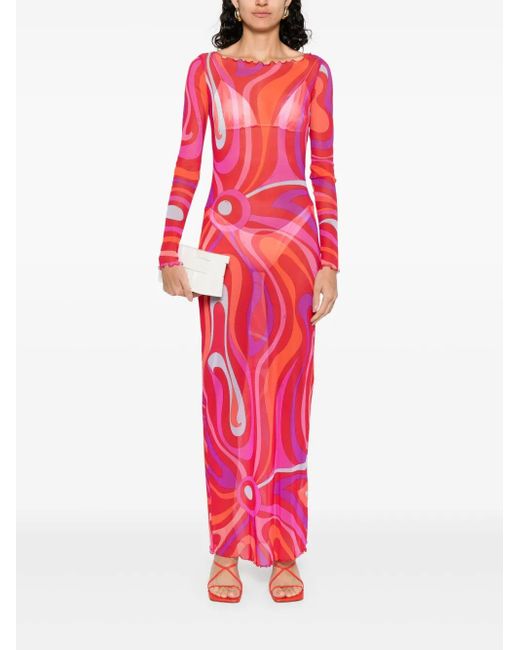 Emilio Pucci Pink Pucci Marmo Printed Midi Tulle Dress