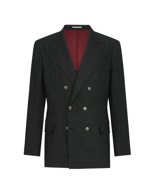 Brunello Cucinelli Black Mouliné Virgin Wool Twill One-And-A-Half Breasted Deconstructed Blazer With Metal Buttons for men