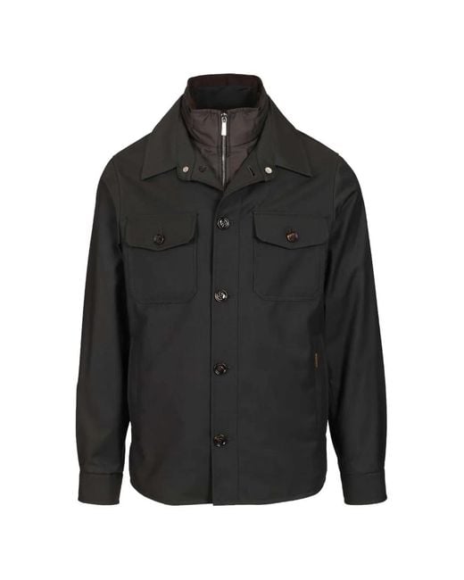 Moorer Black Dulac-Pum Buttoned Chest-Pocket Overshirt for men