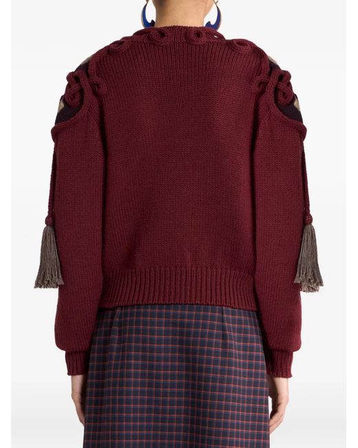 Etro Red Ribbed Wool Sweater With Tassels And Embroidery