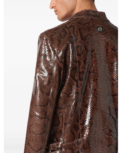 Philipp Plein Leren Bikerjack Met Pythonprint in het Brown voor heren