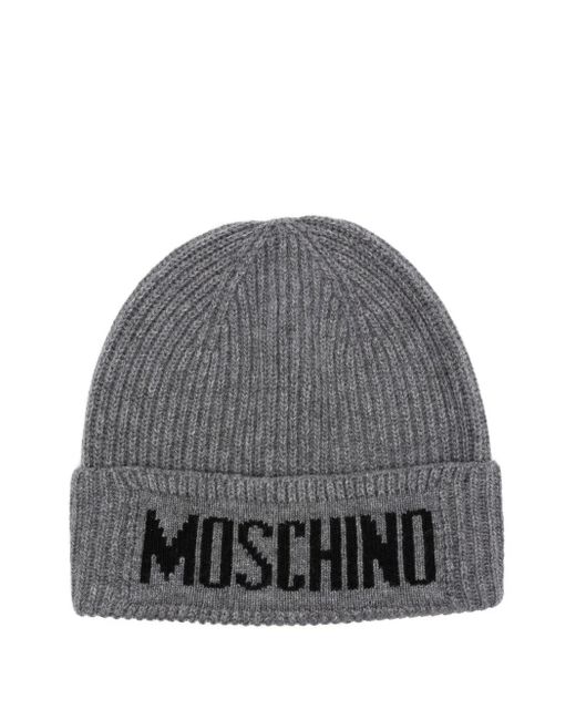 Moschino Gray Ribbed Logo Beanie