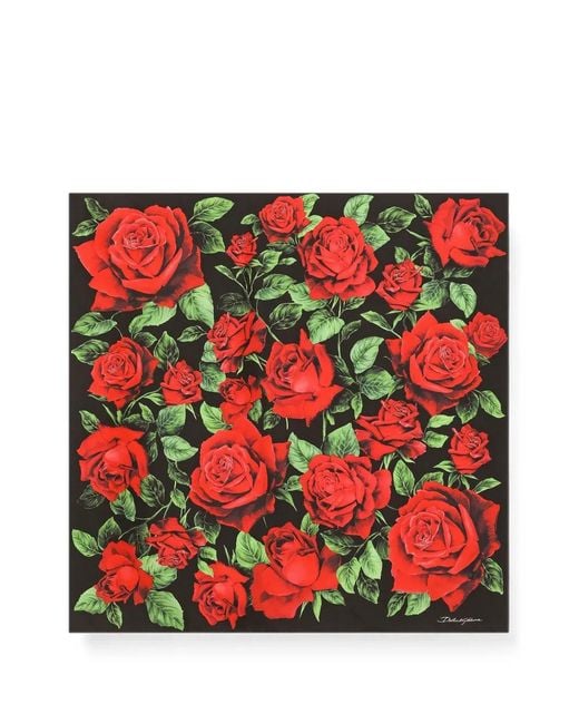 Dolce & Gabbana Red 70X70 Rose-Print Silk Twill Scarf