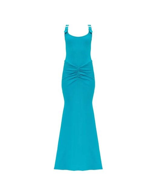 Versace Jeans Couture Blue Buckle-Straps Sleeveless Maxi Cotton Dress