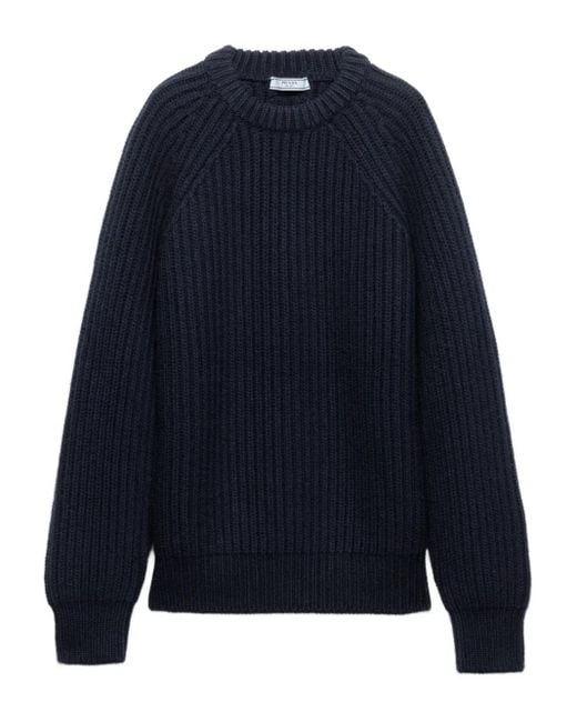 Prada Blue Gerippter Pullover mit Pelzkragen