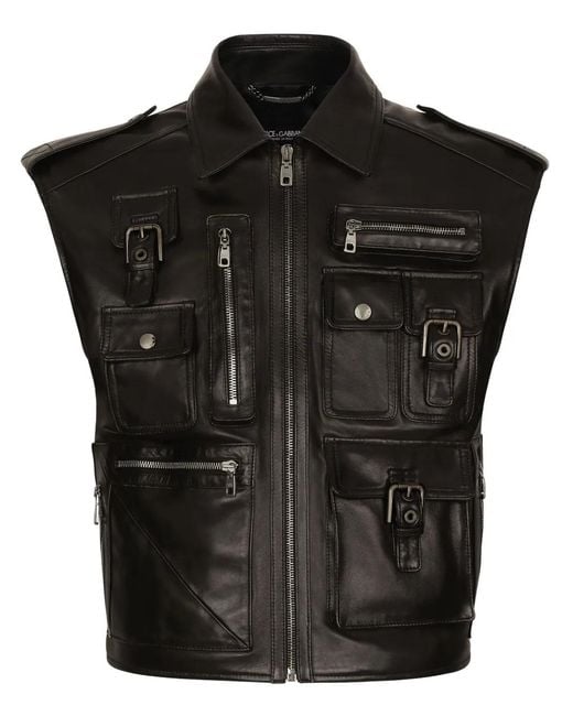 Chaqueta Sin Mangas De Piel Con Bolsillos Dolce & Gabbana de hombre de color Black