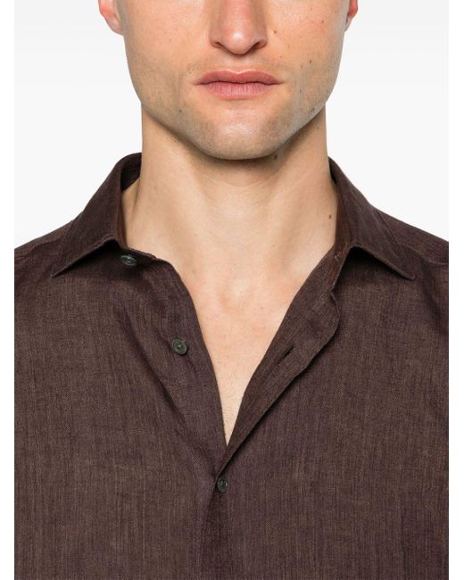 Zegna Brown Spread-collar Linen Shirt for men