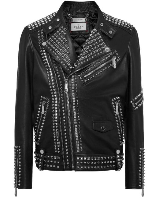 Philipp Plein Black Studded Leather Jacket for men