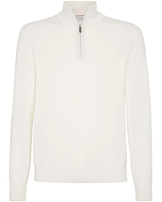 Brunello Cucinelli White Funnel-Neck Cashmere Polo Shirt for men