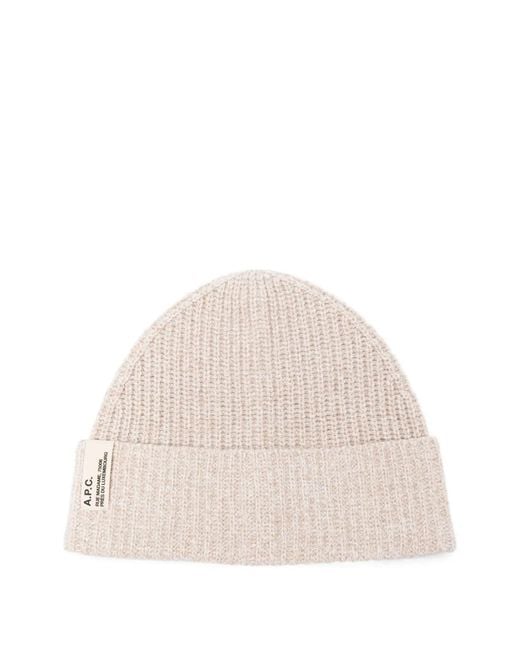 A.P.C. Natural Ribbed Logo-Patch Beanie Hat for men