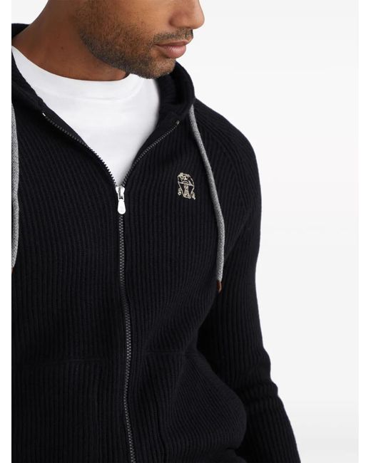 Brunello Cucinelli Black Ribbed-Knit Cashmere Zip-Up Hoodie for men