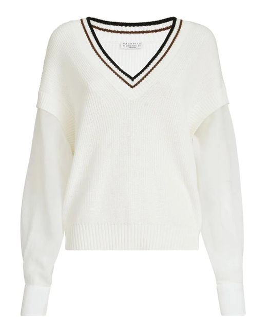 Brunello Cucinelli White Organza-Sleeves Sweater
