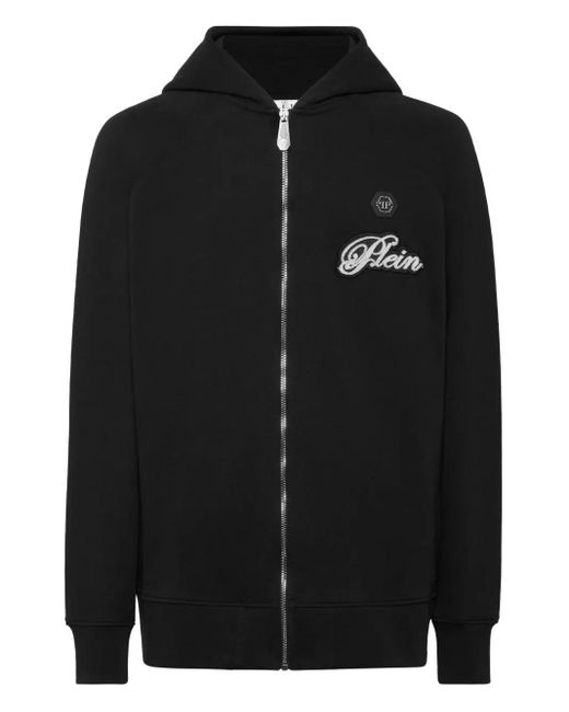 Philipp Plein Black Zip-Up Logo-Patch Hoodie for men