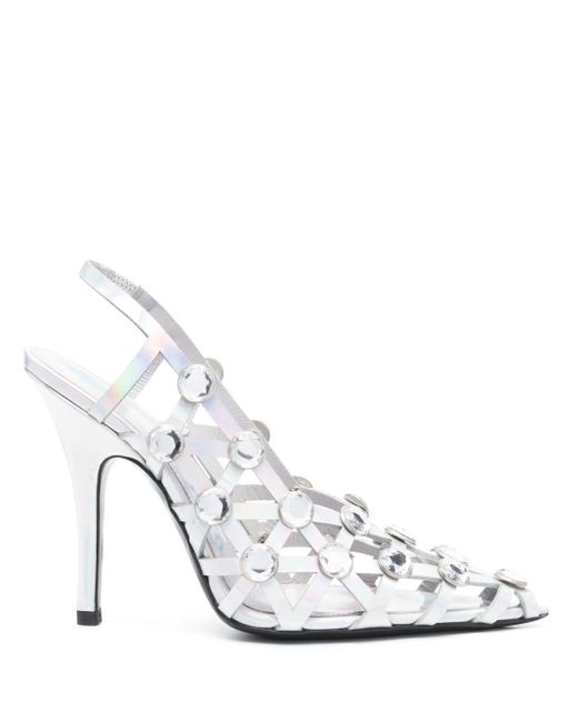 The Attico Grid 105mm Holographic Caged Slingback Pumps in het White