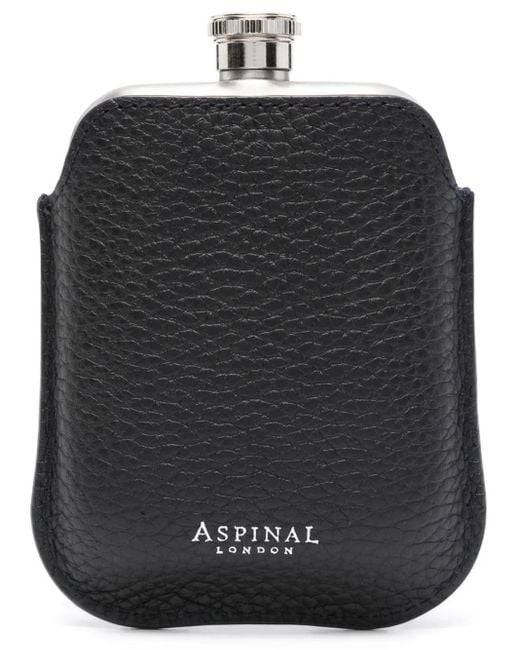 Aspinal Black Logo-Stamp Round Hip Flask for men