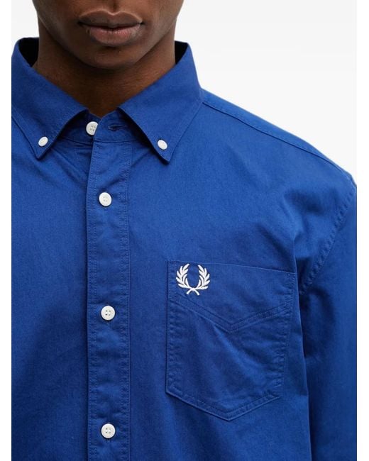 Fred Perry Blue Embroidered-Logo Button-Down Shirt for men