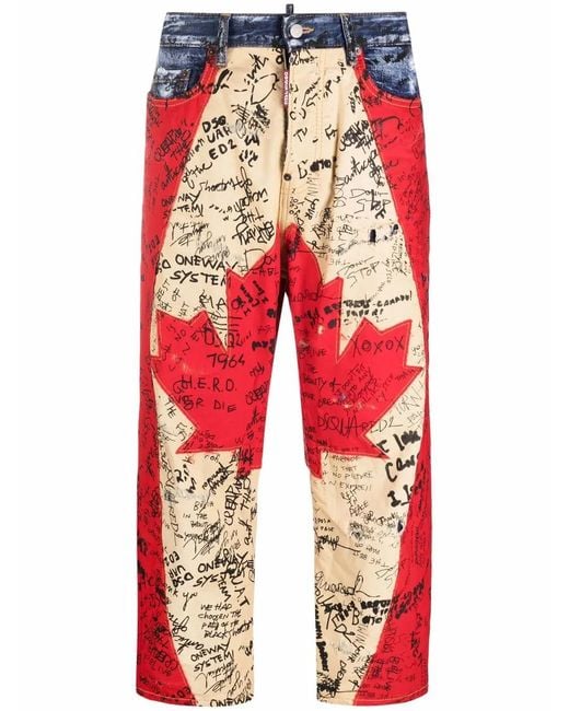 DSquared² Red Maple Leaf Graffiti-Print Cropped Jeans