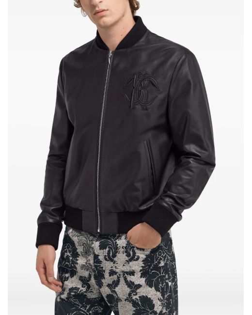 Roberto Cavalli Black Embossed Leather Jacket for men