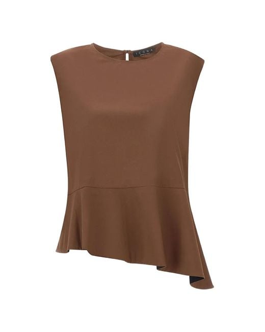 Kaos Brown Asymmetric Ruffled Sleeveless Blouse
