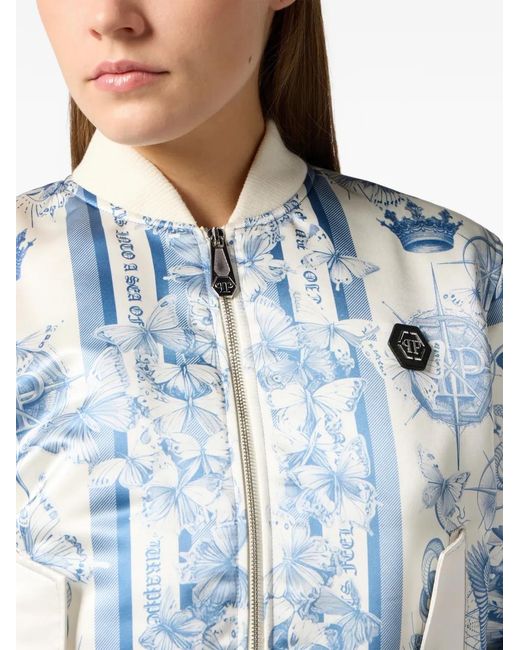 Philipp Plein Blue Satin Bomber Jacket Butterfly Tattoo