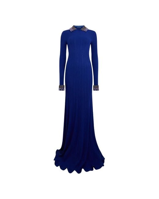 Alberta Ferretti Blue Bead-Embellished Ribbed-Knit Maxi Dress