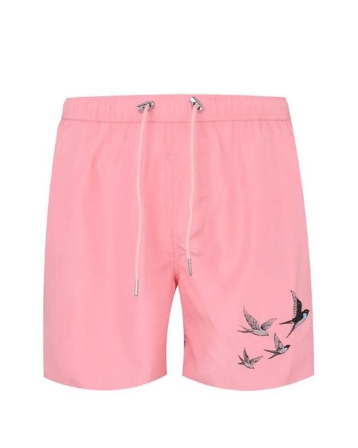 Exit Society Pink Bird-Print Swim Shorts for men