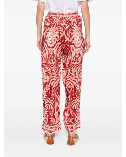 Farm Rio Red Tropical Tapestry Pleated Ikat Trousers