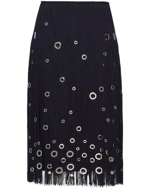Prada Blue Midi-Skirt With Fringe And Grommet Embellishment