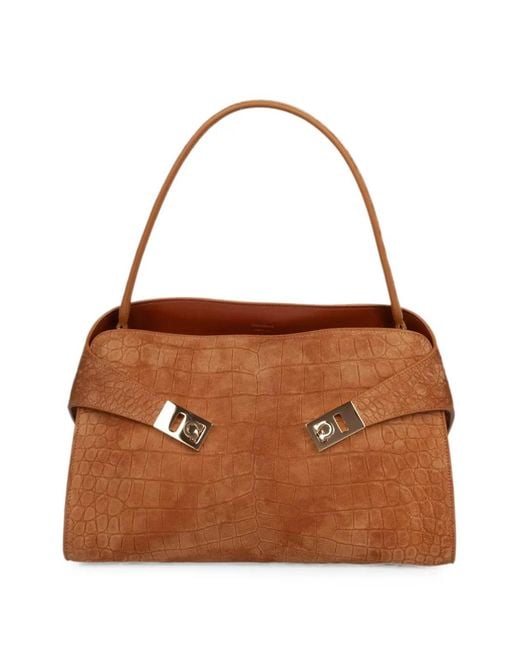 Ferragamo Brown Medium Hug Soft Croc-Effect Suede Shoulder Bag