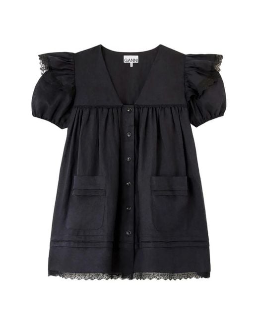 Ganni Black Ruffled Lace-Trim Dress