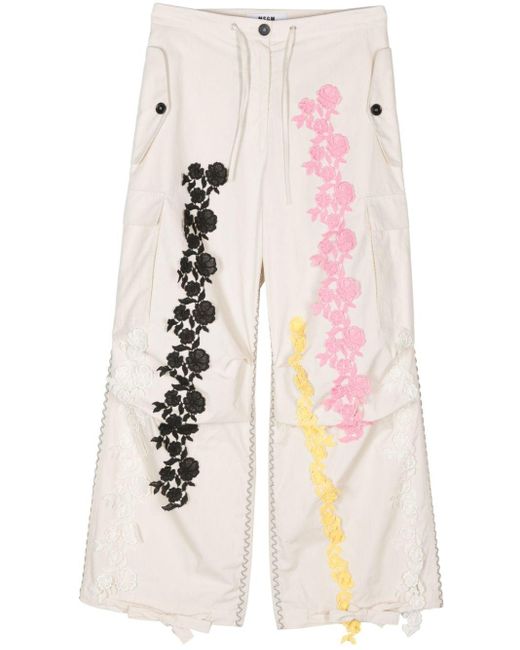 MSGM Lace-embellished Straight-leg Trousers Natural