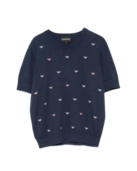 Emporio Armani Blue Logo-Embroidered Short-Sleeve Sweater