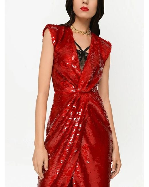 Dolce & Gabbana Red Sequin-Embellished Draped Maxi Dress