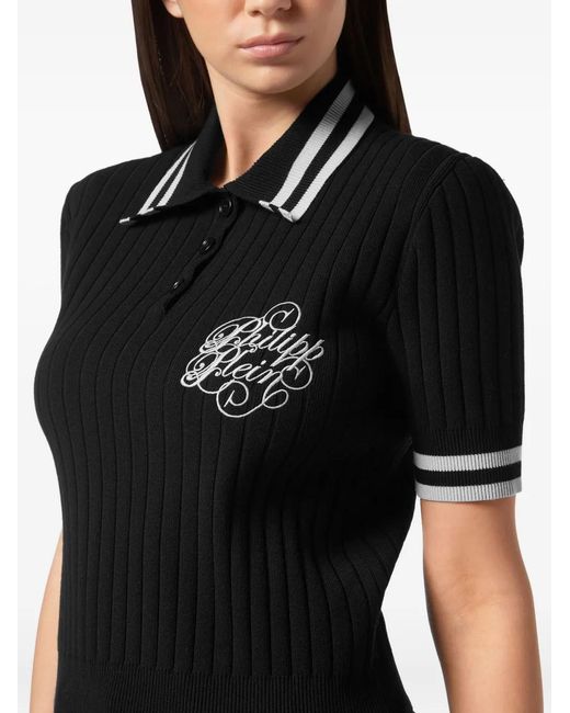 Philipp Plein Black Logo-Embroidered Ribbed-Knit Polo Top
