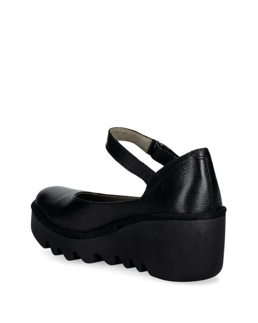 Fly London Black Wedge-Heel Touch-Strap Pumps