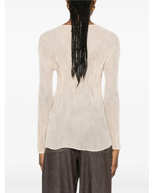 Issey Miyake White V-Neck Ruffled T-Shirt