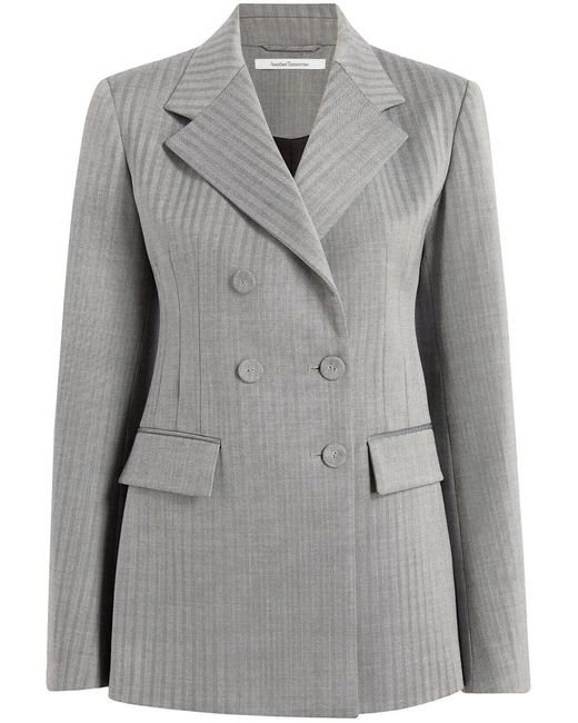 Another Tomorrow Gray Herringbone Double-Breasted Blazer
