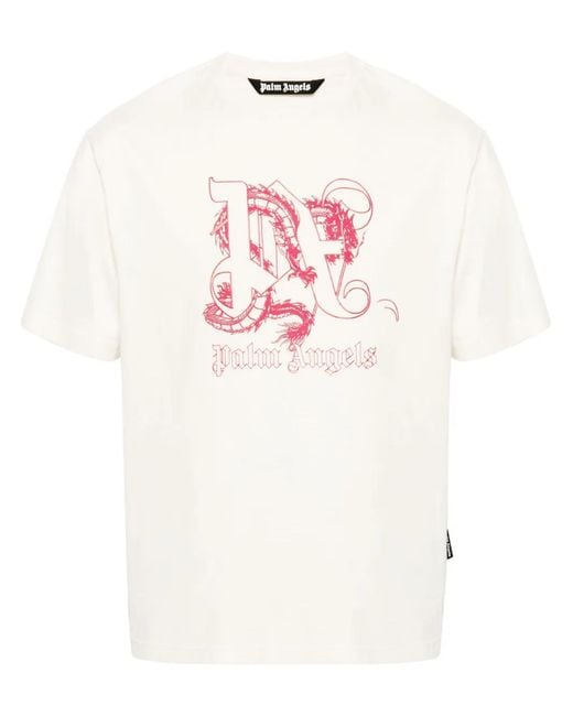 Palm Angels White Dragon-Monogram Cotton T-Shirt for men
