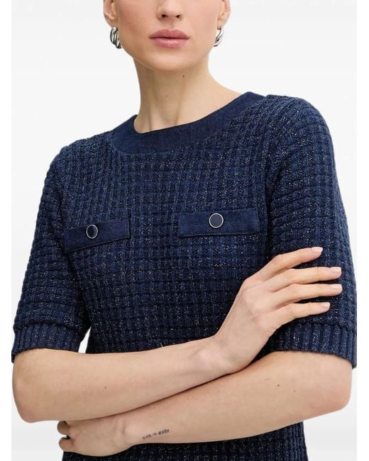 Morgan Blue Basket-Weave-Knit Faux-Pocket Mini Dress