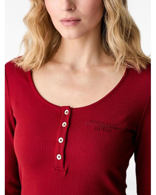 Guess Red Ribbed-Knit Long-Sleeve T-Shirt