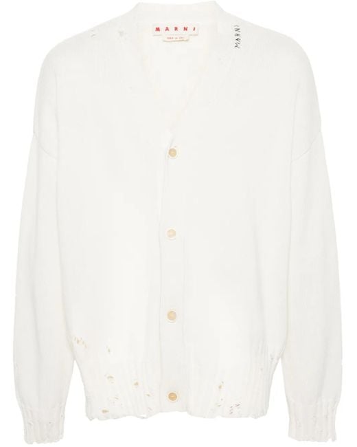 Marni White Distressed Cotton Knit Cardigan for men