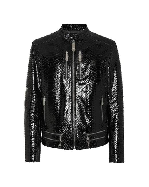 Philipp Plein Leren Jack Met Python-Effect in het Black voor heren