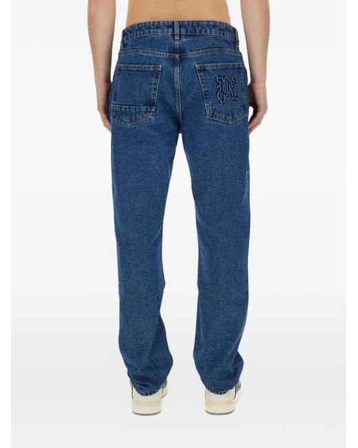 Palm Angels Blue Monogram-Embroidered Straight-Leg Jeans for men