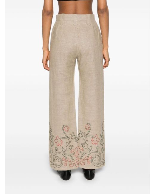 Bode Natural Floral-embroidered Linen Trousers