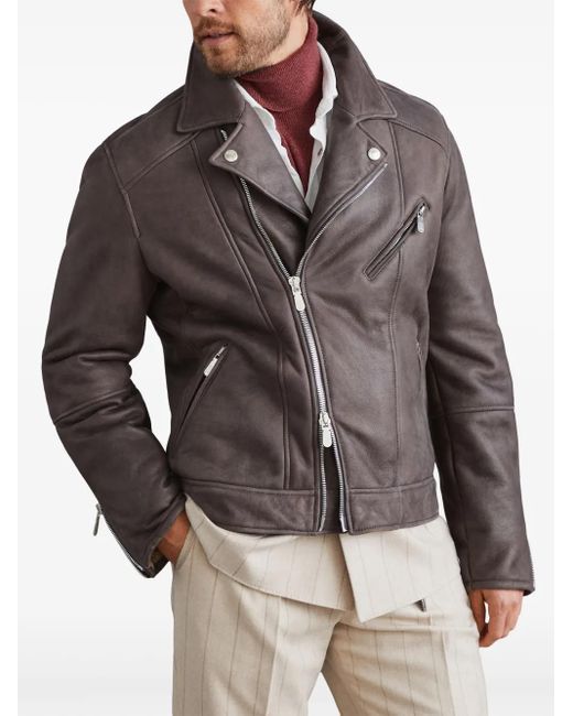 Brunello Cucinelli Gray Shearling-Lined Leather Jacket for men