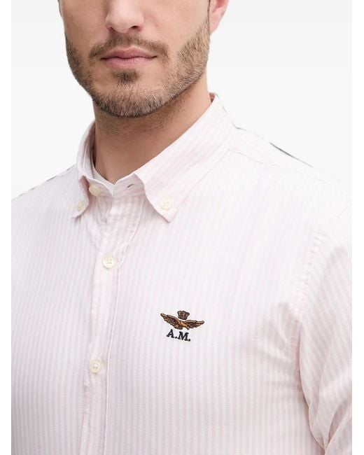 Aeronautica Militare White Vertical-Stripe Logo-Embroidered Shirt for men
