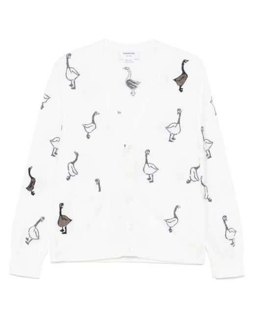 Thom Browne White Pattern-Intarsia Virgin Wool Cardigan for men